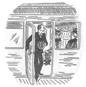 A man leaving a train compartment with the two spinsters still sitting.