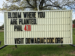 Our sign on the street says, BLOOM WHERE YOU ARE PLANTED, PHILIPPIANS 4:11!